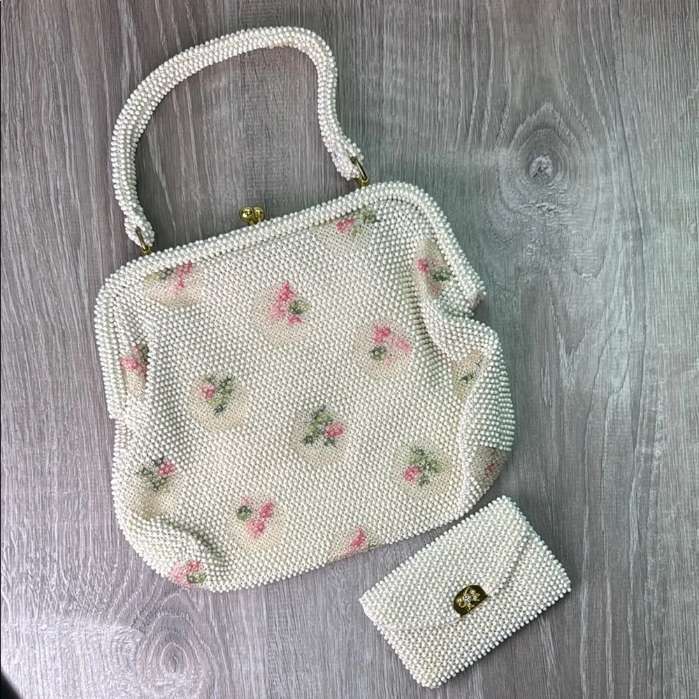 Cream and Pink Floral Clutch with Metal Zipper - Picture 1 of 8